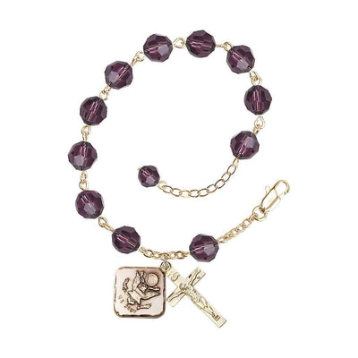 Adjustable St. Michael Army Gold Plated rosary bracelet with 8mm round Austrian Crystal beads in Amethyst