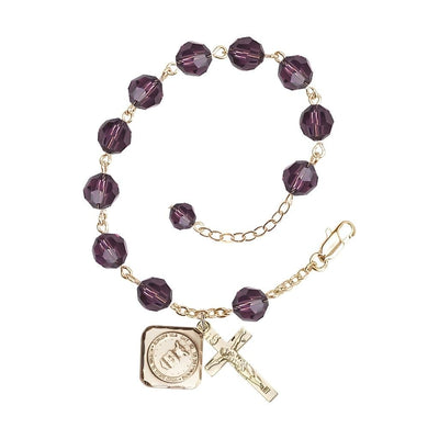 Gold-plated St. Michael the Archangel Air Force US Military Pewter Medal and Crucifix with 8mm Austrian Crystal Bead Rosary Bracelet in Amethyst, Bliss Manufacturing