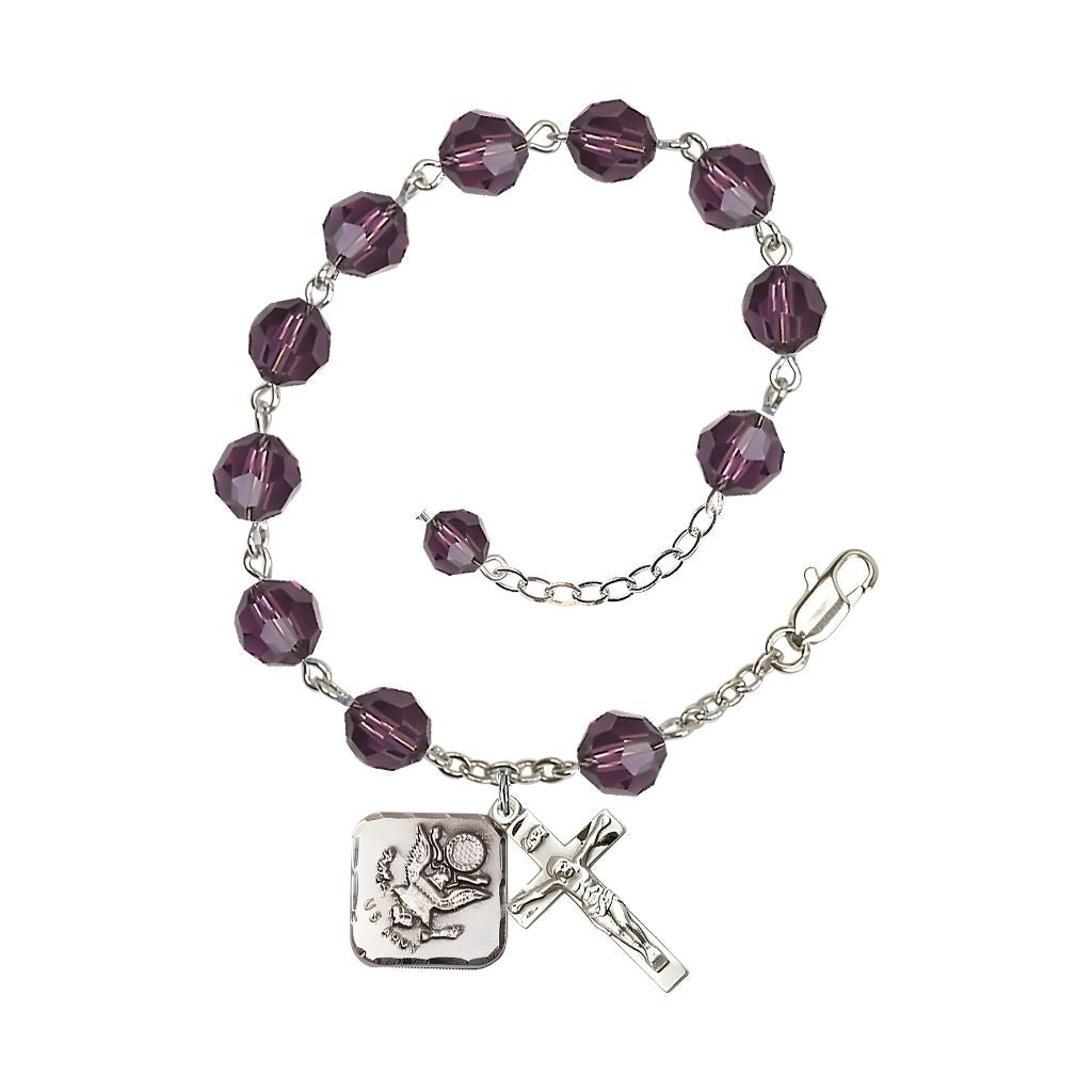 Adjustable St. Michael Army 8mm Crystal Silver Rosary Bracelet in Amethyst