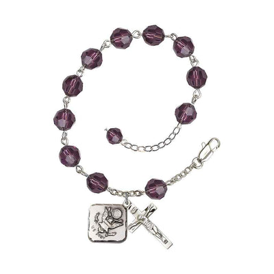 Adjustable St. Michael Army 8mm Crystal Silver Rosary Bracelet in Amethyst