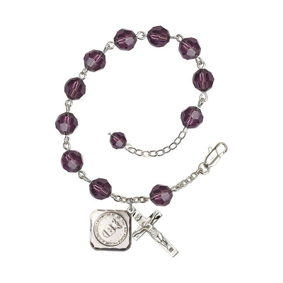 Silver-plated St. Michael the Archangel Air Force US Military Pewter Medal and Crucifix with 8mm Austrian Crystal Bead Rosary Bracelet in Amethyst, Bliss Manufacturing