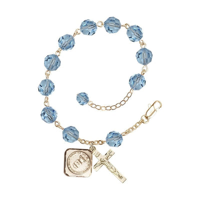 Gold-plated St. Michael the Archangel Air Force US Military Pewter Medal with 8mm Austrian Crystal Bead Rosary Bracelet in Aqua, Bliss Manufacturing