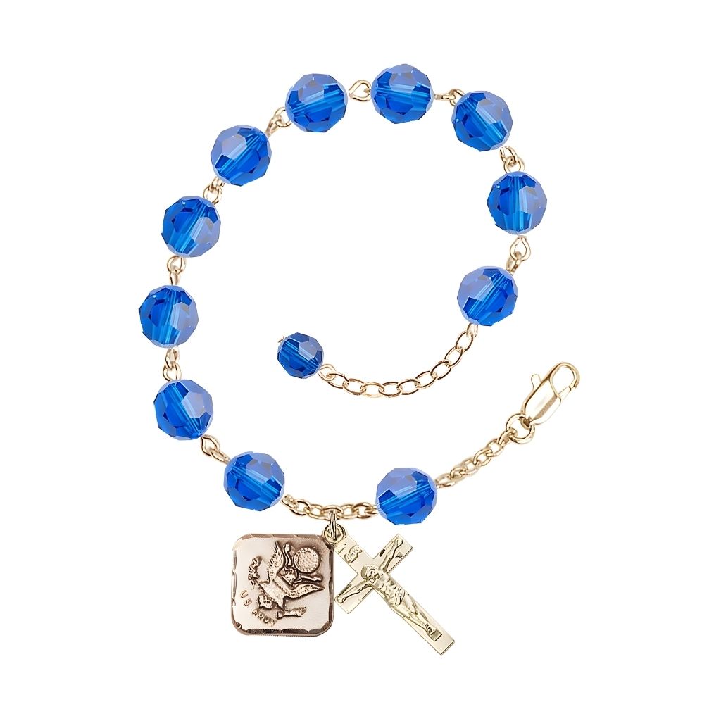 Adjustable St. Michael Army Gold Plated rosary bracelet with 8mm round Austrian Crystal beads in Capri Blue