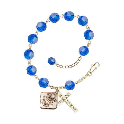 Adjustable St. Michael Army Gold Plated rosary bracelet with 8mm round Austrian Crystal beads in Capri Blue