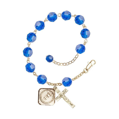 Gold-plated St. Michael the Archangel Air Force US Military Pewter Medal with 8mm Austrian Crystal Bead Rosary Bracelet in Capri Blue, Bliss Manufacturing