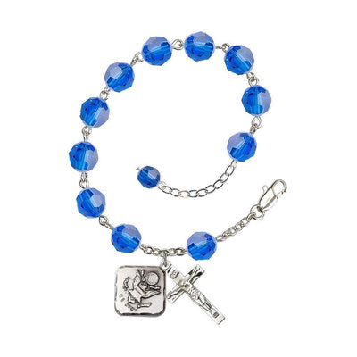 Adjustable St. Michael Army 8mm Crystal Silver Rosary Bracelet in Blue Capri