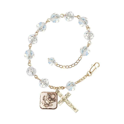 Adjustable St. Michael Army Gold Plated rosary bracelet with 8mm round Austrian Crystal beads in Clear Crystal