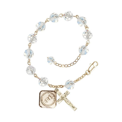 Gold-plated St. Michael the Archangel Air Force US Military Pewter Medal with 8mm Austrian Crystal Bead Rosary Bracelet in Clear, Bliss Manufacturing