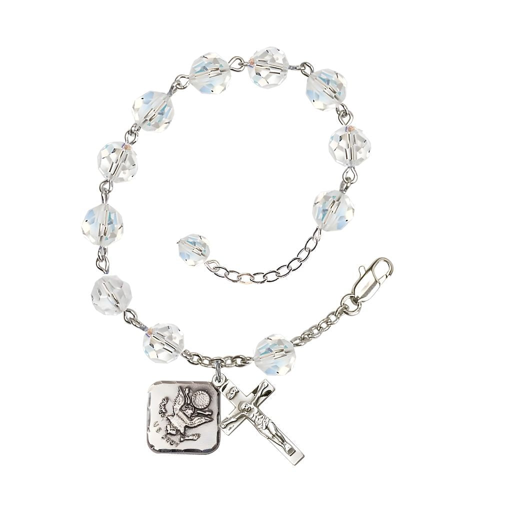 Adjustable St. Michael Army 8mm Crystal Silver Rosary Bracelet in Crystal Clear