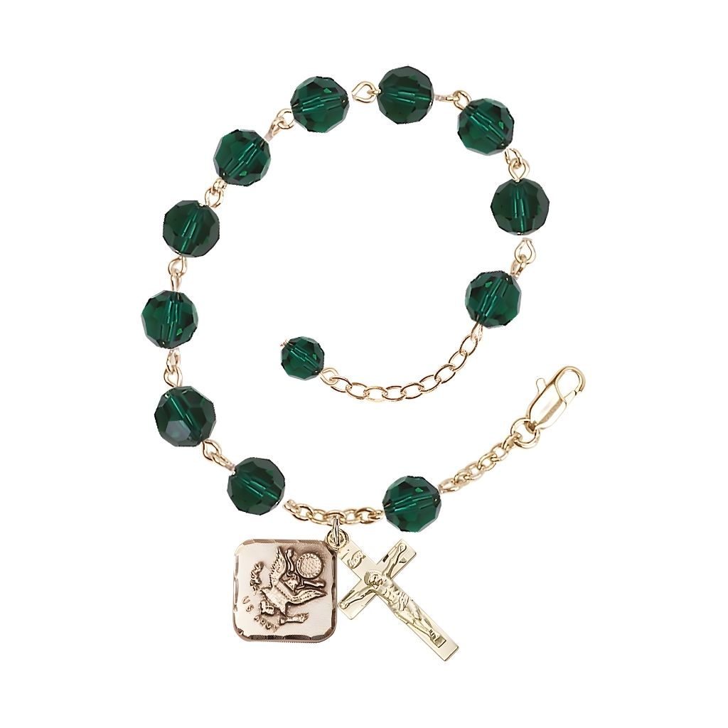 Adjustable St. Michael Army Gold Plated rosary bracelet with 8mm round Austrian Crystal beads in Emerald Green