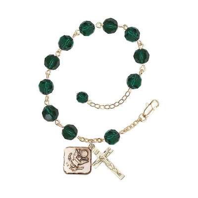 Adjustable St. Michael Army Gold Plated rosary bracelet with 8mm round Austrian Crystal beads in Emerald Green