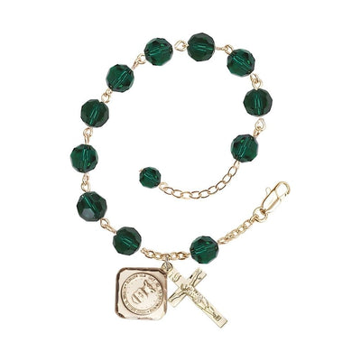 Gold-plated St. Michael the Archangel Air Force US Military Pewter Medal with 8mm Austrian Crystal Bead Rosary Bracelet in Emerald, Bliss Manufacturing