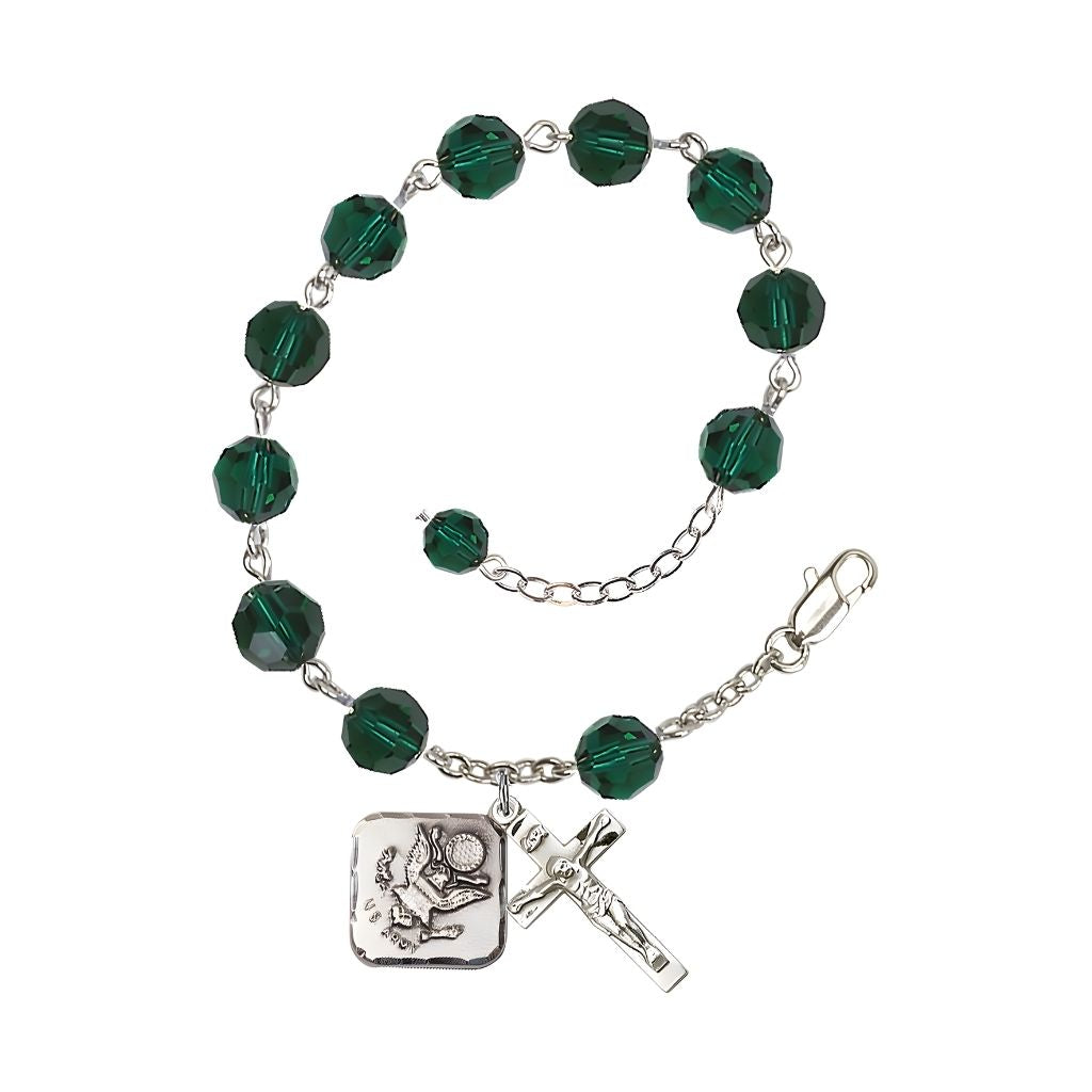 Adjustable St. Michael Army 8mm Crystal Silver Rosary Bracelet in Emerald Green