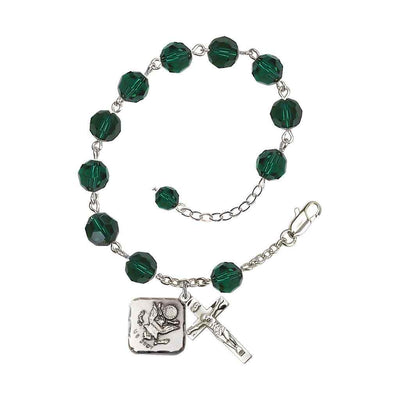 Adjustable St. Michael Army 8mm Crystal Silver Rosary Bracelet in Emerald Green