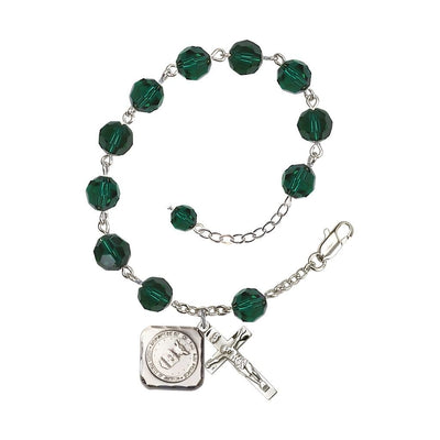 Silver-plated St. Michael the Archangel Air Force US Military Pewter Medal 3/4" x 5/8" and Crucifix 7/8" x 3/8" with 8mm Austrian Crystal Bead Rosary Bracelet in Emerald, Bliss Manufacturing