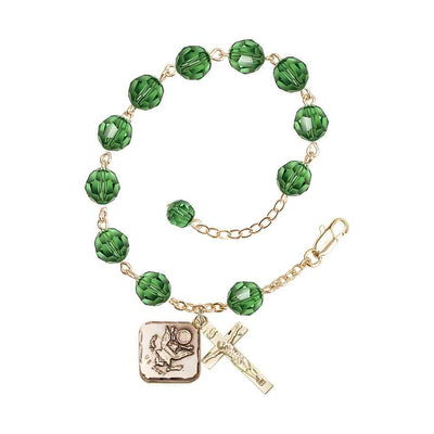 Adjustable St. Michael Army Gold Plated rosary bracelet with 8mm round Austrian Crystal beads in Erinite Green