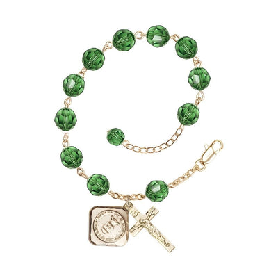 Gold-plated St. Michael the Archangel Air Force US Military Pewter Medal with 8mm Austrian Crystal Bead Rosary Bracelet in Erinite, Bliss Manufacturing