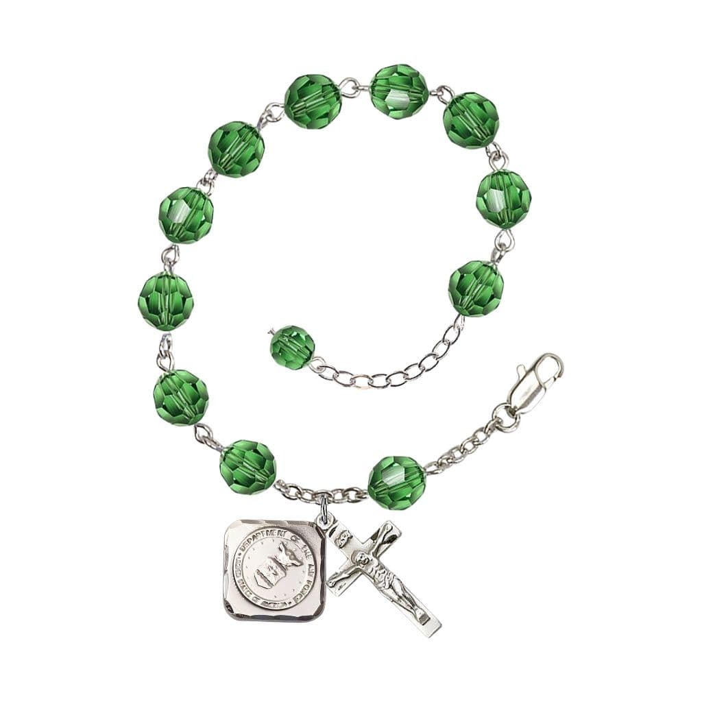 Bliss St. Michael the Archangel Air Force US Military Pewter Medal 3/4" x 5/8" and Crucifix 7/8" x 3/8" with 8mm Austrian Crystal Bead Rosary Bracelet in Erinite.