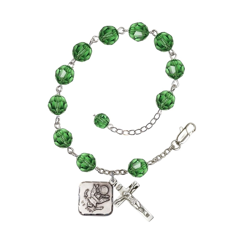 Adjustable St. Michael Army Silver Plated rosary bracelet with 8mm round Austrian Crystal beads in Erinite Green