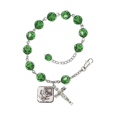 Adjustable St. Michael Army Silver Plated rosary bracelet with 8mm round Austrian Crystal beads in Erinite Green