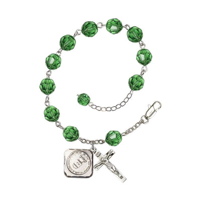 Silver-plated St. Michael the Archangel Air Force US Military Pewter Medal 3/4" x 5/8" and Crucifix 7/8" x 3/8" with 8mm Austrian Crystal Bead Rosary Bracelet in Erinite, Bliss Manufacturing