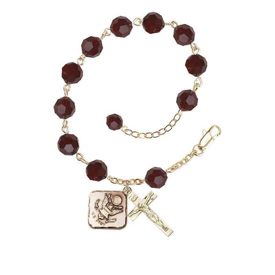 Adjustable St. Michael Army Gold Plated rosary bracelet with 8mm round Austrian Crystal beads in Garnet