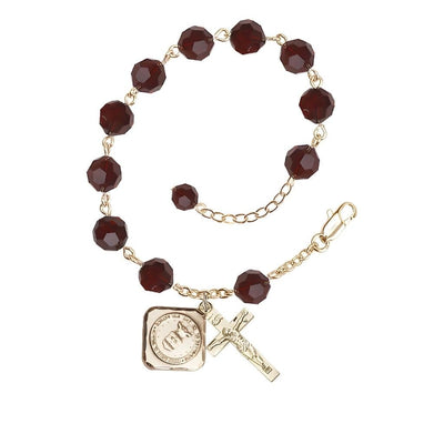 Gold-plated St. Michael the Archangel Air Force US Military Pewter Medal with 8mm Austrian Crystal Bead Rosary Bracelet in Garnet, Bliss Manufacturing