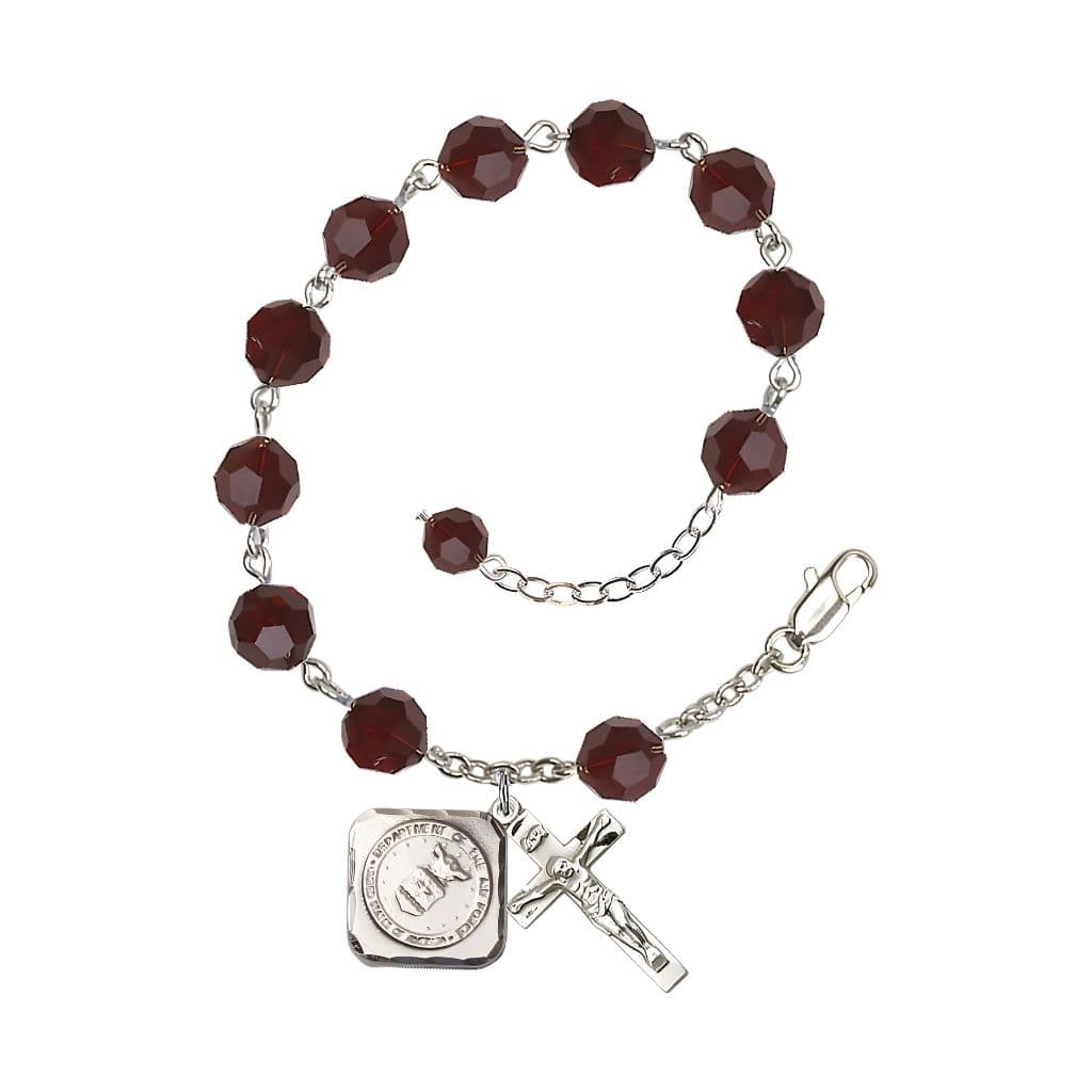 Bliss St. Michael the Archangel Air Force US Military Pewter Medal 3/4" x 5/8" and Crucifix 7/8" x 3/8" with 8mm Austrian Crystal Bead Rosary Bracelet in Garnet.