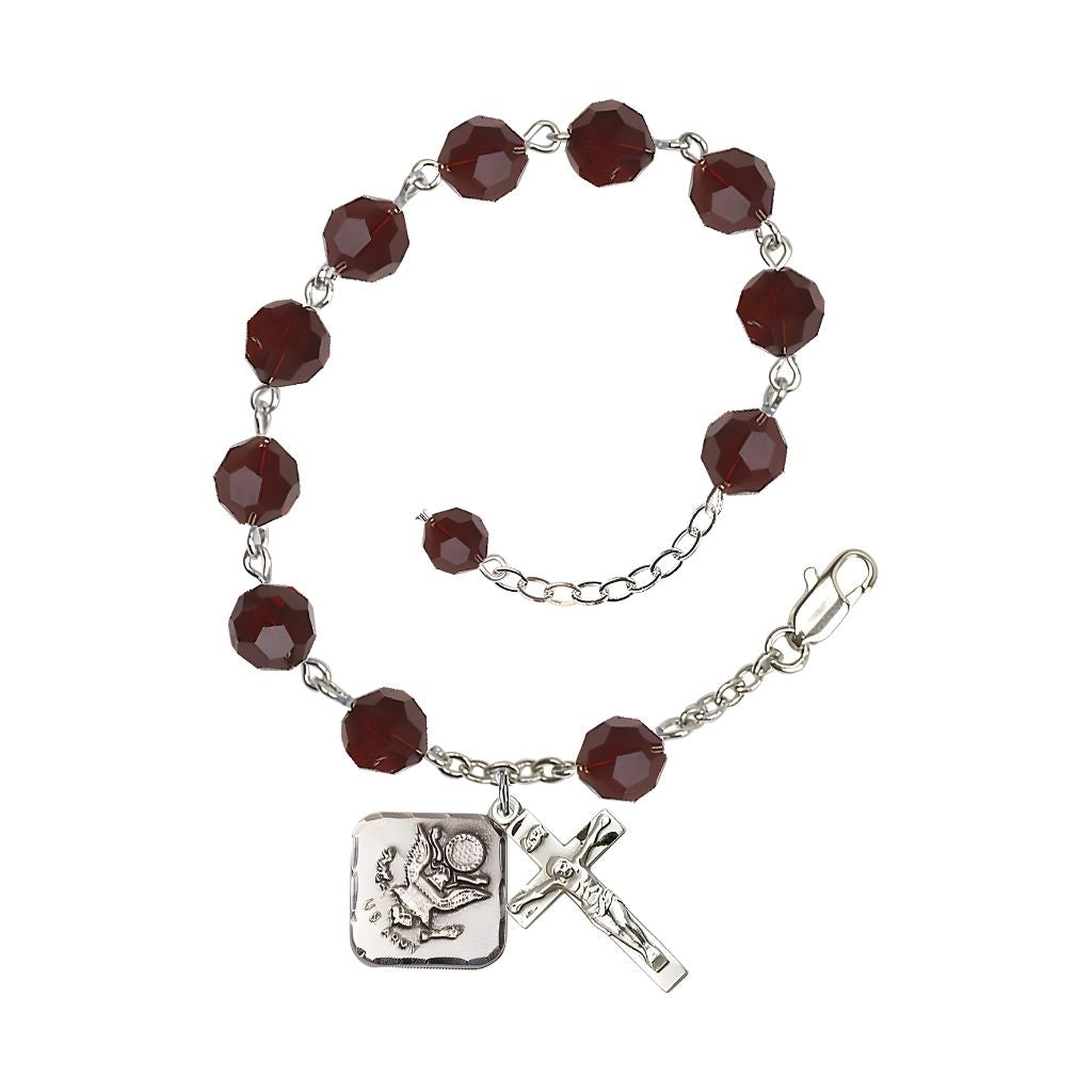 Adjustable St. Michael Army Silver Plated rosary bracelet with 8mm round Austrian Crystal beads in Garnet