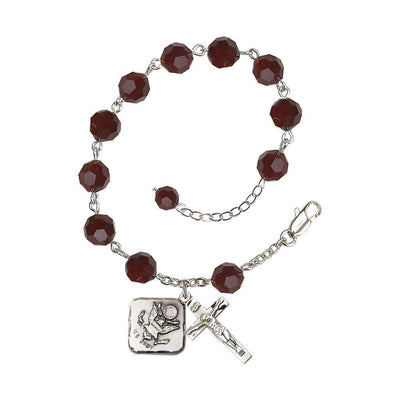 Adjustable St. Michael Army Silver Plated rosary bracelet with 8mm round Austrian Crystal beads in Garnet