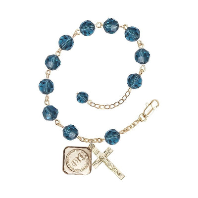 Gold-plated St. Michael the Archangel Air Force US Military Pewter Medal with 8mm Austrian Crystal Bead Rosary Bracelet in Indocolite, Bliss Manufacturing