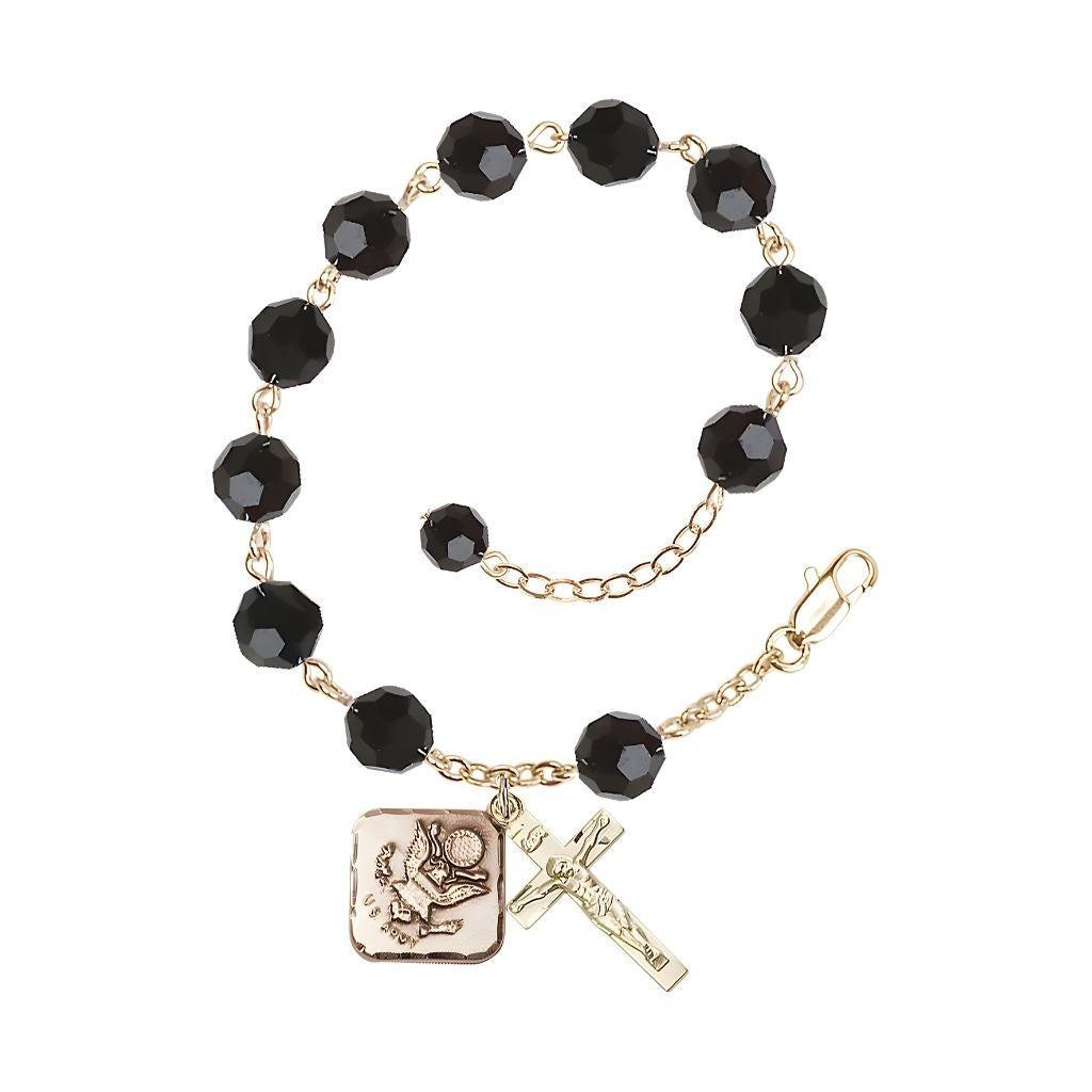 Adjustable St. Michael Army Gold Plated rosary bracelet with 8mm round Austrian Crystal beads in Jet Black