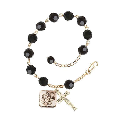 Adjustable St. Michael Army Gold Plated rosary bracelet with 8mm round Austrian Crystal beads in Jet Black
