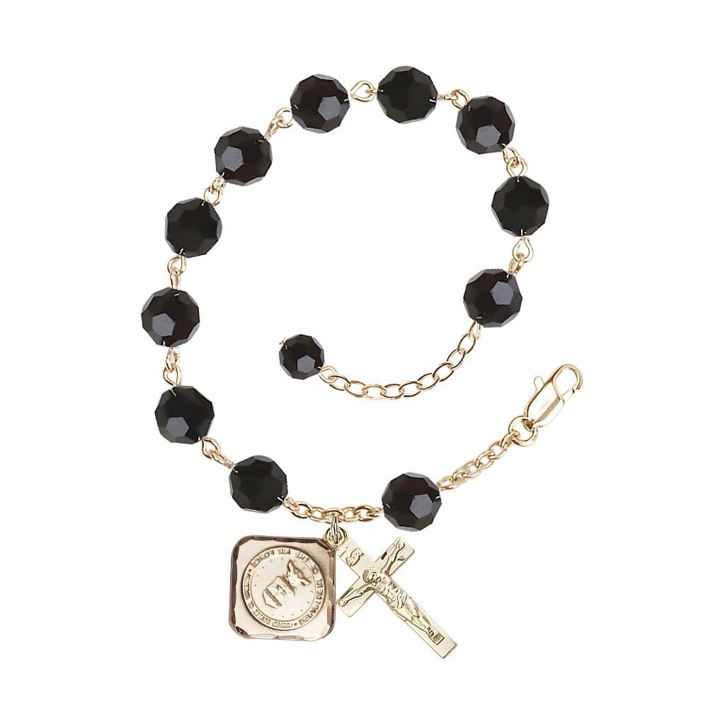 Gold-plated St. Michael the Archangel Air Force US Military Pewter Medal with 8mm Austrian Crystal Bead Rosary Bracelet in Jet Black, Bliss Manufacturing