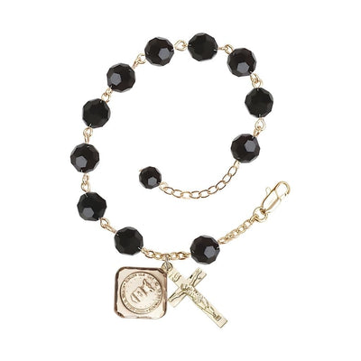Gold-plated St. Michael the Archangel Air Force US Military Pewter Medal with 8mm Austrian Crystal Bead Rosary Bracelet in Jet Black, Bliss Manufacturing