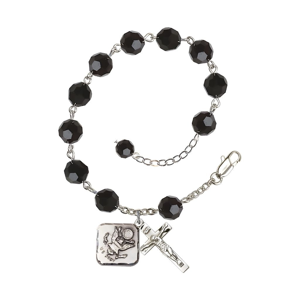 Adjustable St. Michael Army Silver Plated rosary bracelet with 8mm round Austrian Crystal beads in Jet Black