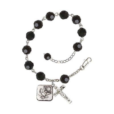 Adjustable St. Michael Army Silver Plated rosary bracelet with 8mm round Austrian Crystal beads in Jet Black