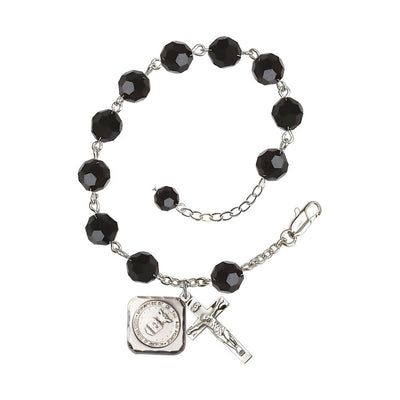 Silver-plated St. Michael the Archangel Air Force US Military Pewter Medal 3/4" x 5/8" and Crucifix 7/8" x 3/8" with 8mm Austrian Crystal Bead Rosary Bracelet in Jet Black, Bliss Manufacturing