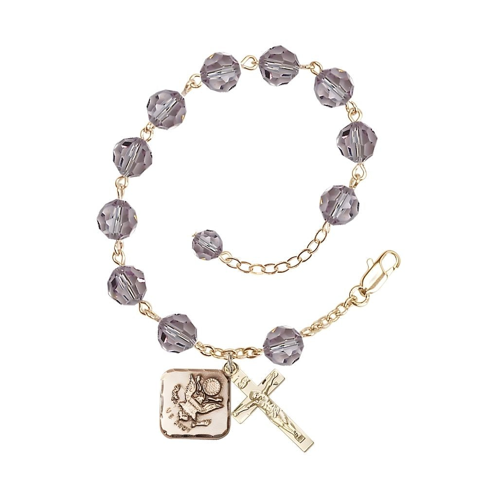 Adjustable St. Michael Army Gold Plated rosary bracelet with 8mm round Austrian Crystal beads in Light Amethyst
