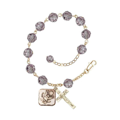 Adjustable St. Michael Army Gold Plated rosary bracelet with 8mm round Austrian Crystal beads in Light Amethyst