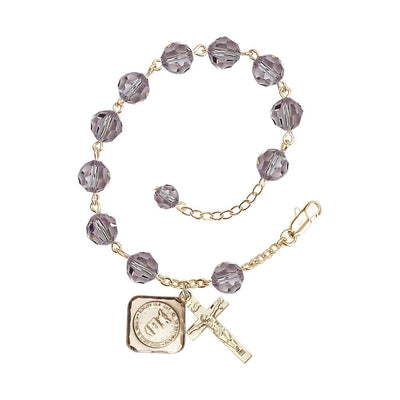 Gold-plated St. Michael the Archangel Air Force US Military Pewter Medal with 8mm Austrian Crystal Bead Rosary Bracelet in Light Amethyst, Bliss Manufacturing