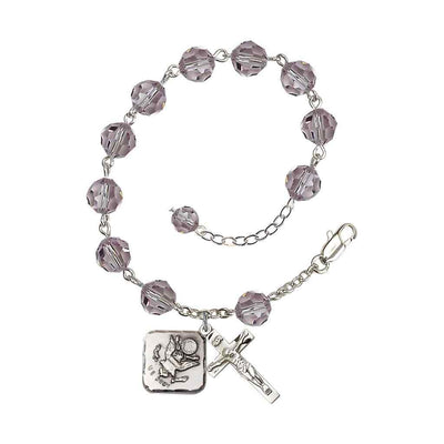 Adjustable St. Michael Army Silver Plated rosary bracelet with 8mm round Austrian Crystal beads in Light Amethyst