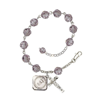 Silver-plated St. Michael the Archangel Air Force US Military Pewter Medal 3/4" x 5/8" and Crucifix 7/8" x 3/8" with 8mm Austrian Crystal Bead Rosary Bracelet in Light Amethyst, Bliss Manufacturing