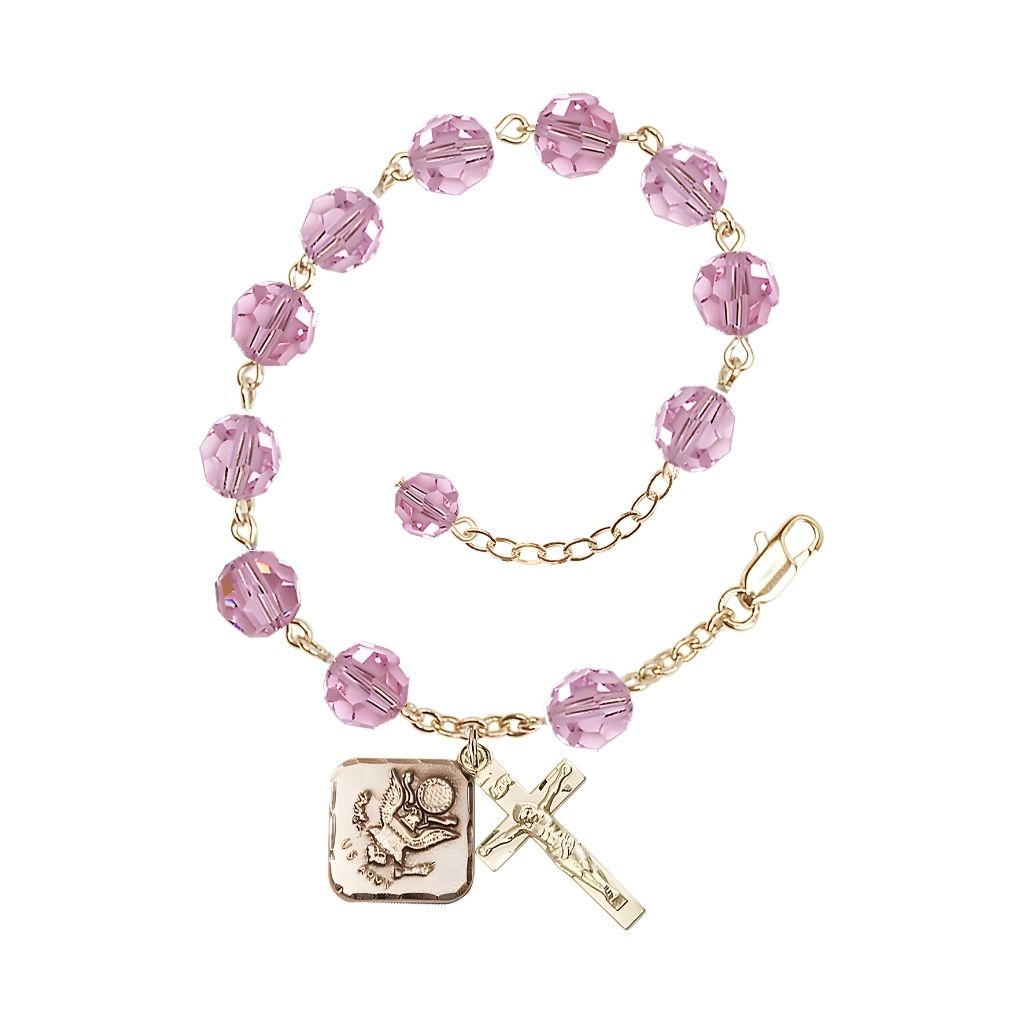 Adjustable St. Michael Army Gold Plated rosary bracelet with 8mm round Austrian Crystal beads in Light Rose