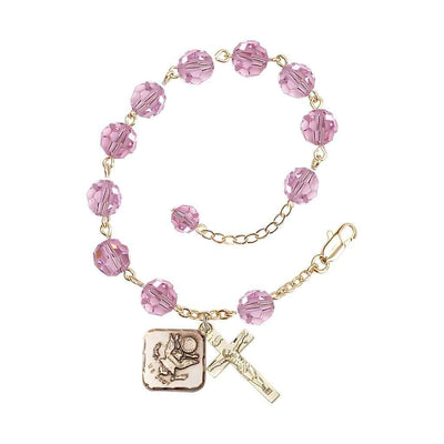 Adjustable St. Michael Army Gold Plated rosary bracelet with 8mm round Austrian Crystal beads in Light Rose