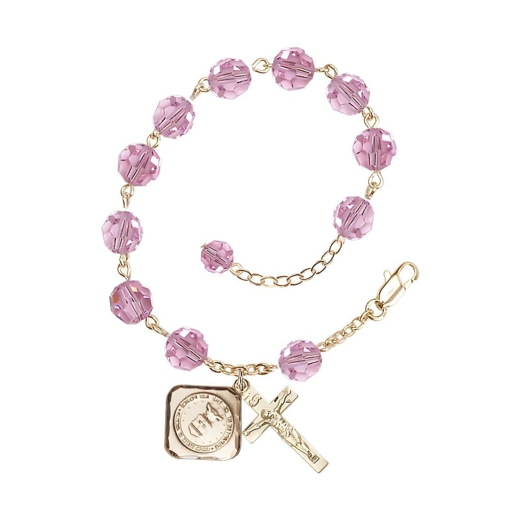 Gold-plated St. Michael the Archangel Air Force US Military Pewter Medal with 8mm Austrian Crystal Bead Rosary Bracelet in Light Rose, Bliss Manufacturing