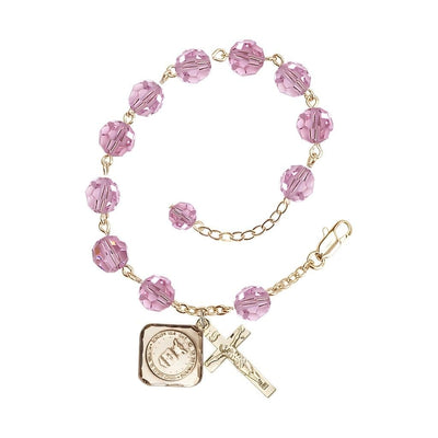 Gold-plated St. Michael the Archangel Air Force US Military Pewter Medal with 8mm Austrian Crystal Bead Rosary Bracelet in Light Rose, Bliss Manufacturing