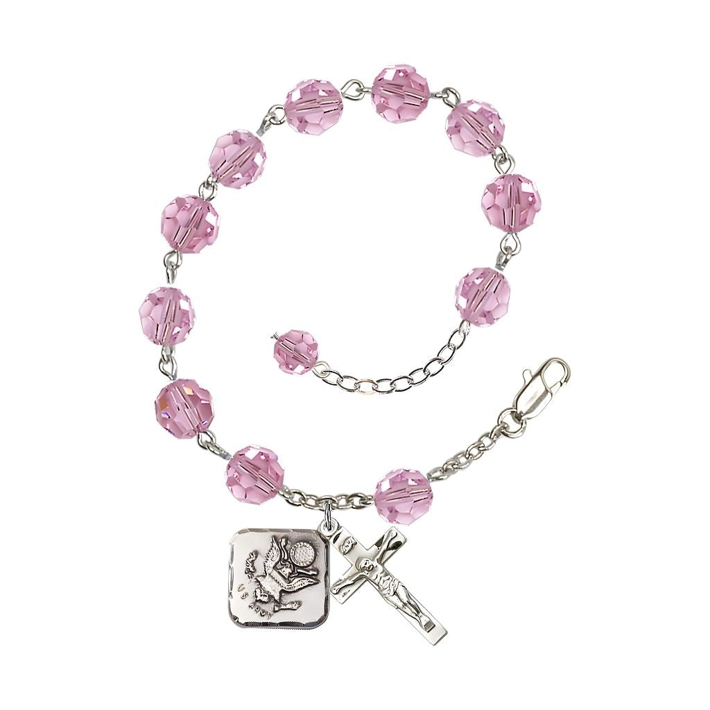Adjustable St. Michael Army Silver Plated rosary bracelet with 8mm round Austrian Crystal beads in Light Rose