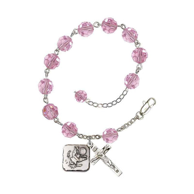Adjustable St. Michael Army Silver Plated rosary bracelet with 8mm round Austrian Crystal beads in Light Rose