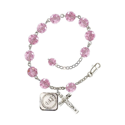 Silver-plated St. Michael the Archangel Air Force US Military Pewter Medal 3/4" x 5/8" and Crucifix 7/8" x 3/8" with 8mm Austrian Crystal Bead Rosary Bracelet in Light Rose, Bliss Manufacturing